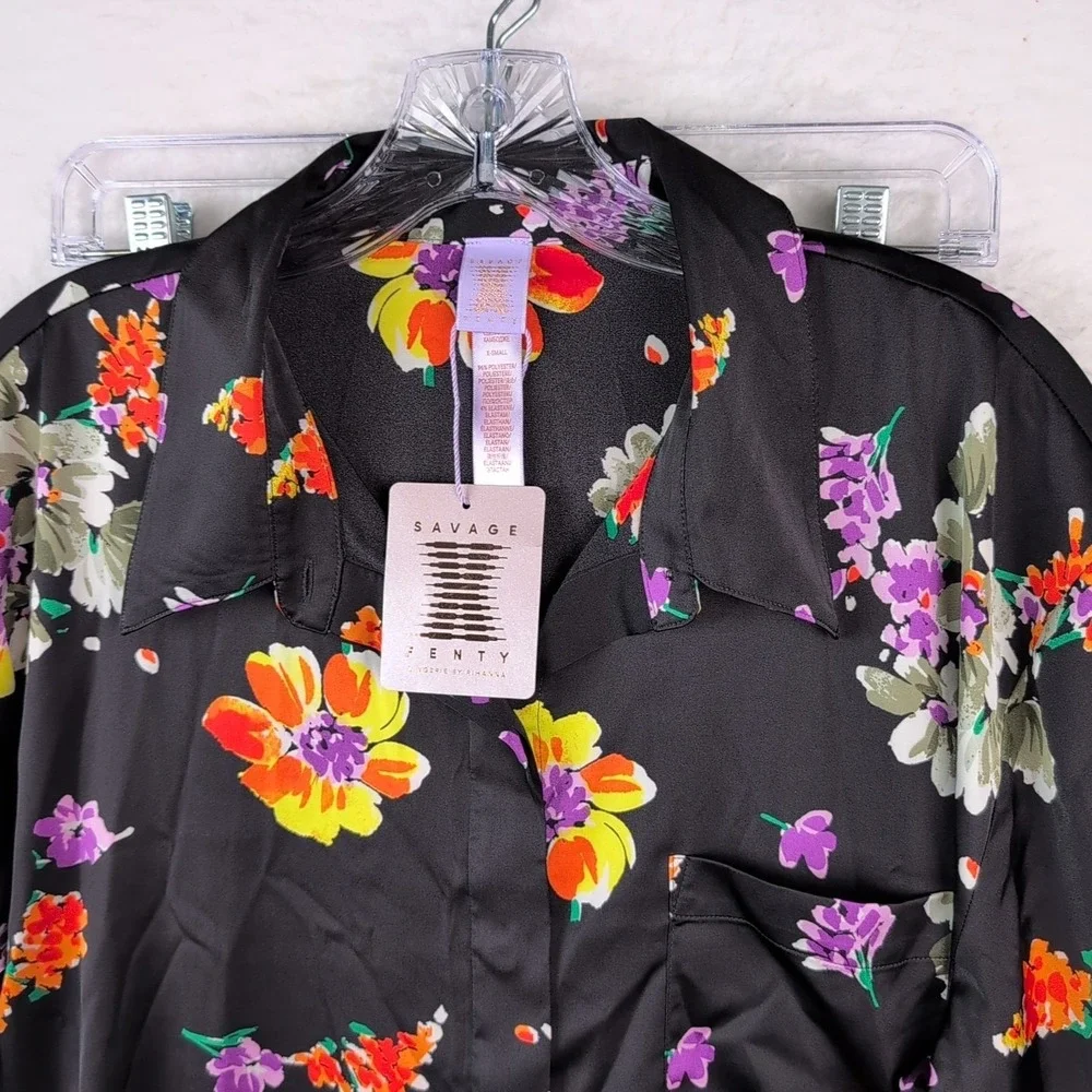 NWT Savage x Fenty Night Blooms Satin Pajama Set Women's XS Black Floral‎